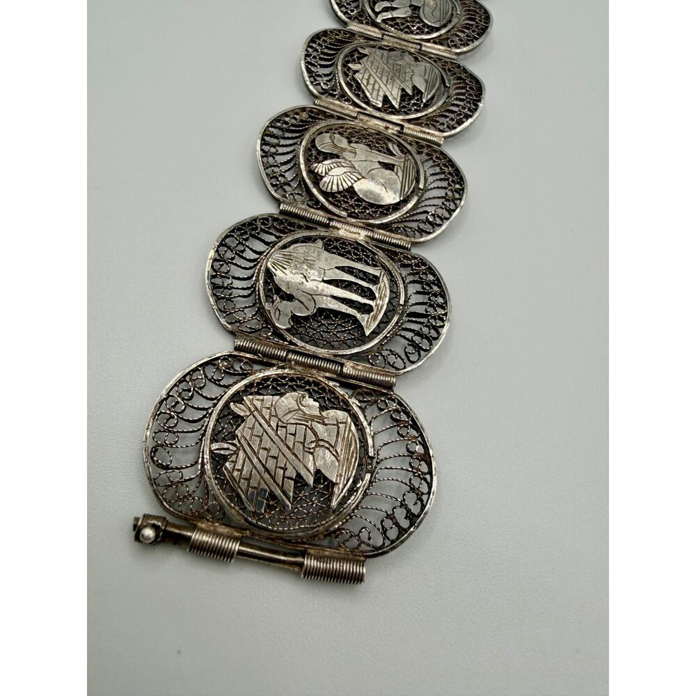 Vintage Egyptian Revival 900 Silver Filigree Panel Bracelet Egyptian Figures